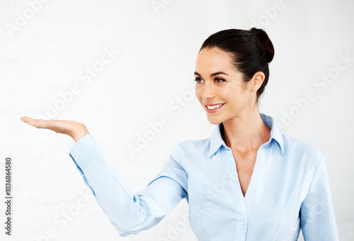 Happy businesswoman, studio or hand for investment deal, insurance offer or product mockup space. Palm, smile or financial advisor on white background for marketing, advertising or finance option