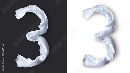 Number Three in fabric cloth design PNG image.Pure white colored fabric cloth damped and twisted with soft shadows, best for clothing related graphic projects and posters.Three number Icon PNG