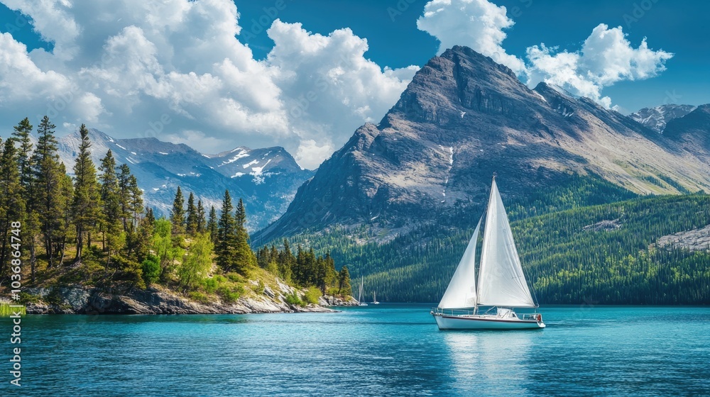 Naklejka premium Scenic Sailboat on Calm Lake with Mountains in Background