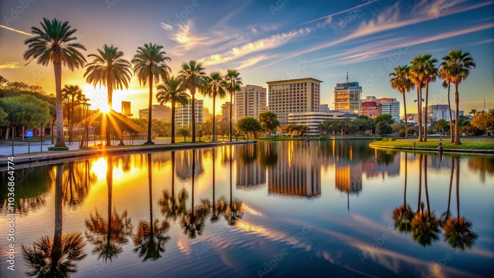 Serene Lakeland, Florida cityscape at dawn, featuring majestic palm trees, tranquil lake, and majestic buildings with warm golden sunlight casting long shadows. Serene Lakeland, Florida cityscape at dawn, featuring majestic palm trees, tranquil lake, and majestic buildings with warm golden sunlight casting long shadows.