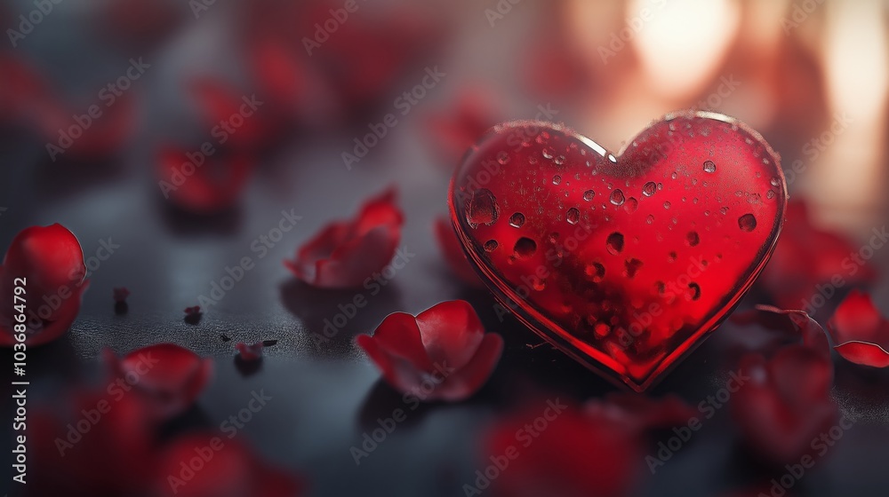 A shiny red heart with water droplets is surrounded by scattered rose petals on a dark surface, creating a romantic and emotional atmosphere with soft lighting and a bokeh background A shiny red heart with water droplets is surrounded by scattered rose petals on a dark surface, creating a romantic and emotional atmosphere with soft lighting and a bokeh background
