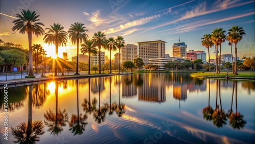 Serene Lakeland, Florida cityscape at dawn, featuring majestic palm trees, tranquil lake, and majestic buildings with warm golden sunlight casting long shadows.