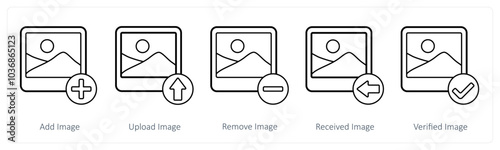 A set of 5 image icons as add image, upload image, remove image