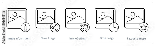 A set of 5 image icons as image information, share image, image setting