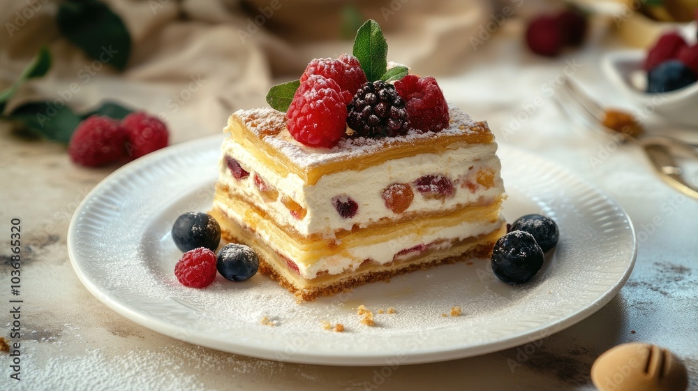 Deliciously Decorated Medovik Slice on a Plate Deliciously Decorated Medovik Slice on a Plate