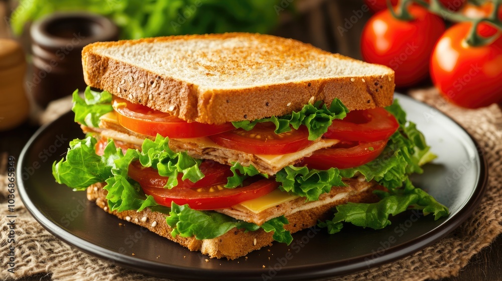 Freshly Crafted Sandwich with Layers of Vegetables and Bread Freshly Crafted Sandwich with Layers of Vegetables and Bread