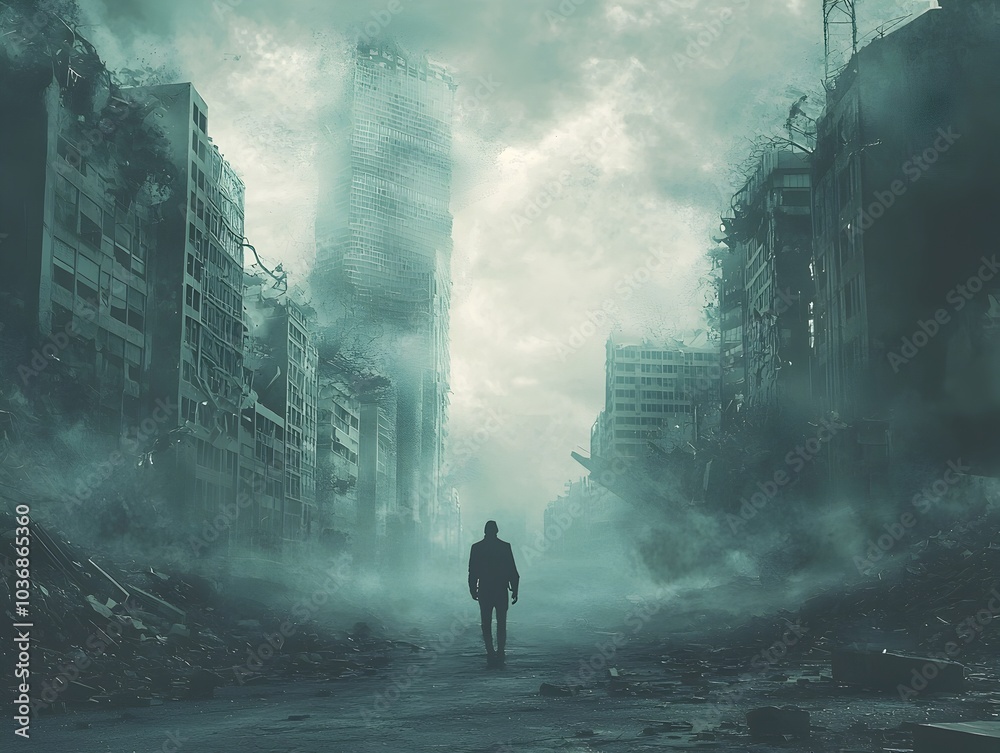 Lone Wanderer Witnessing the End of the World in a Crumbling Cityscape Lone Wanderer Witnessing the End of the World in a Crumbling Cityscape