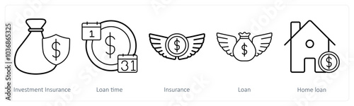 A set of 5 insurance icons as investment insurance, loan time, insurance
