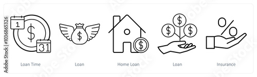 A set of 5 insurance icons as loan time, loan, home loan