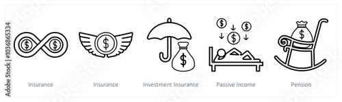 A set of 5 insurance icons as insurance, investment insurance, passive income