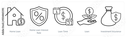 A set of 5 insurance icons as home loan, home loan interest rate, loan time