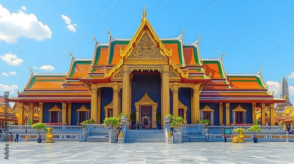 Fototapeta premium Ornate temple with colorful roofs and golden accents.