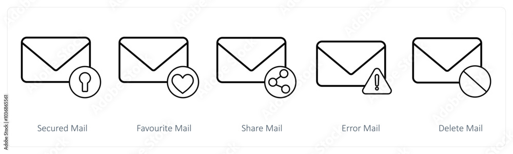 A set of 5 mail icons as secured mail, favorite mail, share mail A set of 5 mail icons as secured mail, favorite mail, share mail
