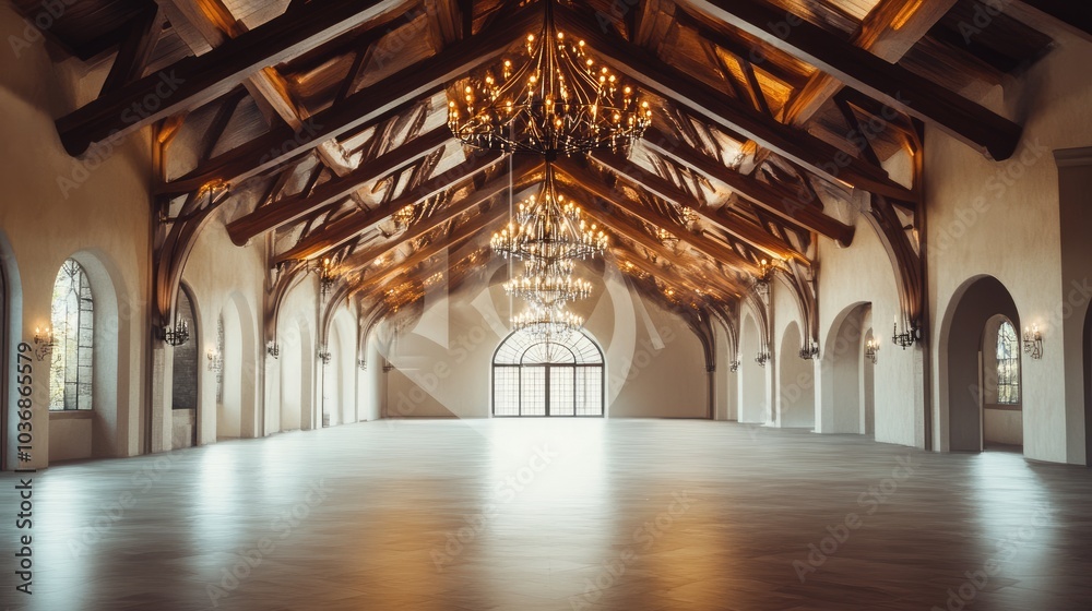 Obraz premium Elegant Interior of a Spacious Hall with Chandeliers