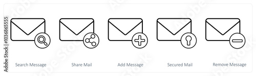 A set of 5 mail icons as search message, share mail, add message