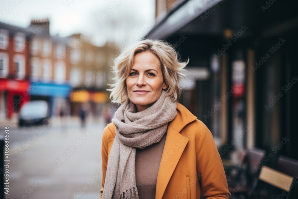 Portrait of a beautiful middle-aged woman in a coat and scarf on a city street.