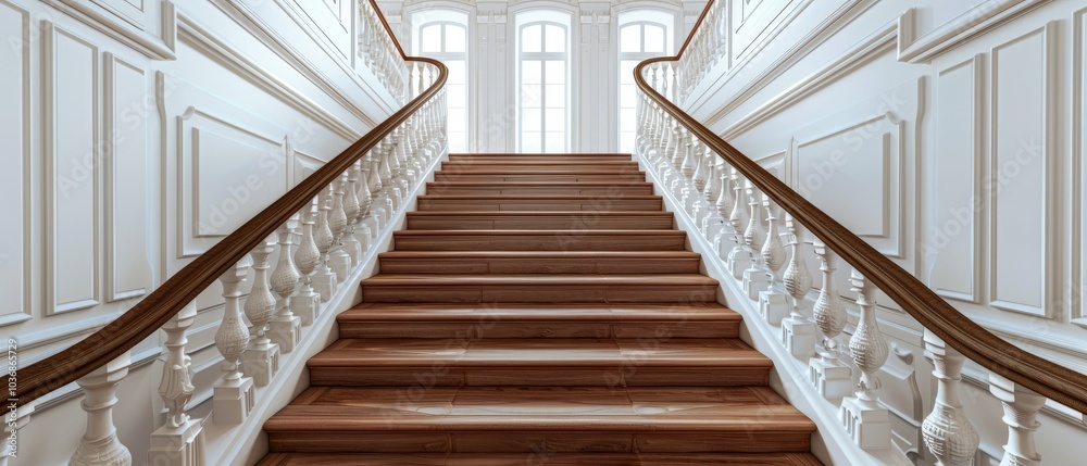 Ornate White Handrail and Wooden Steps in a Grand Staircase Ornate White Handrail and Wooden Steps in a Grand Staircase