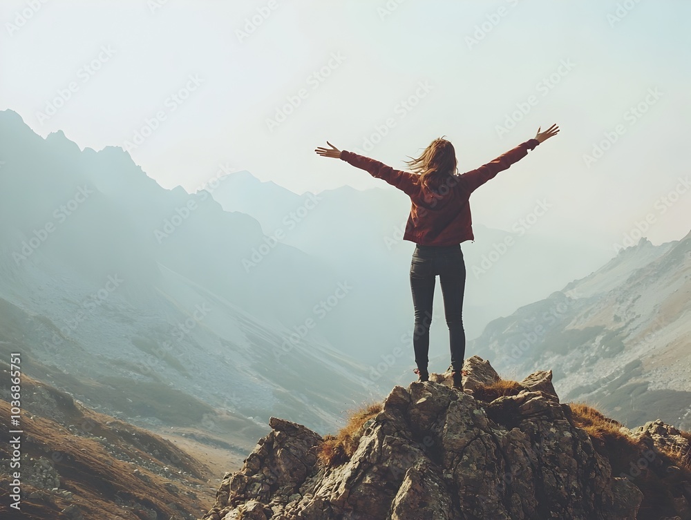 Person Stands Atop Mountain Peak with Arms Outstretched Embracing the Freedom and of Nature Person Stands Atop Mountain Peak with Arms Outstretched Embracing the Freedom and of Nature