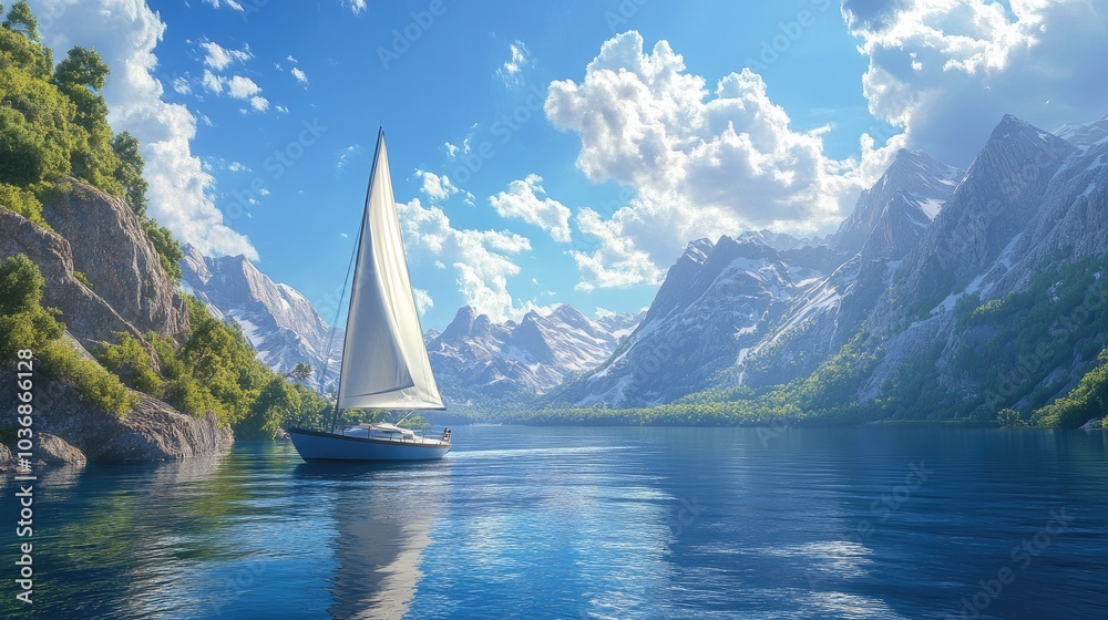 Naklejka premium Serene Sailboat on Clear Blue Water with Mountain Backdrop