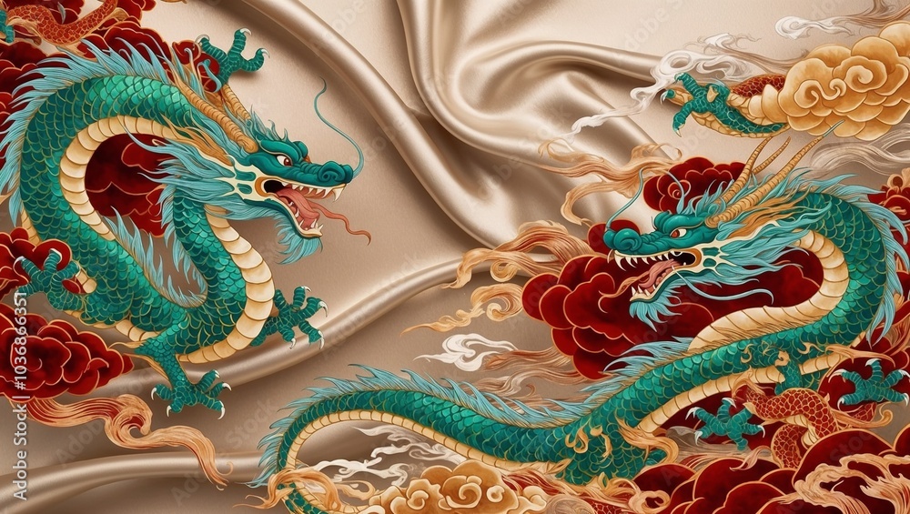 custom made wallpaper toronto digitalIntricate dragon illustration with vibrant colors and swirling clouds on a silky background
