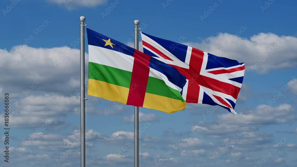 United Kingdom and Central African Republic flags flying together, video concept of the relationship, two country cooperation concept United Kingdom and Central African Republic flags flying together, video concept of the relationship, two country cooperation concept