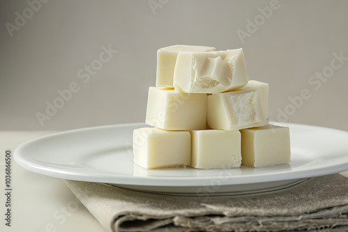 A plate of creamy white fudge on a table. (Generative AI)