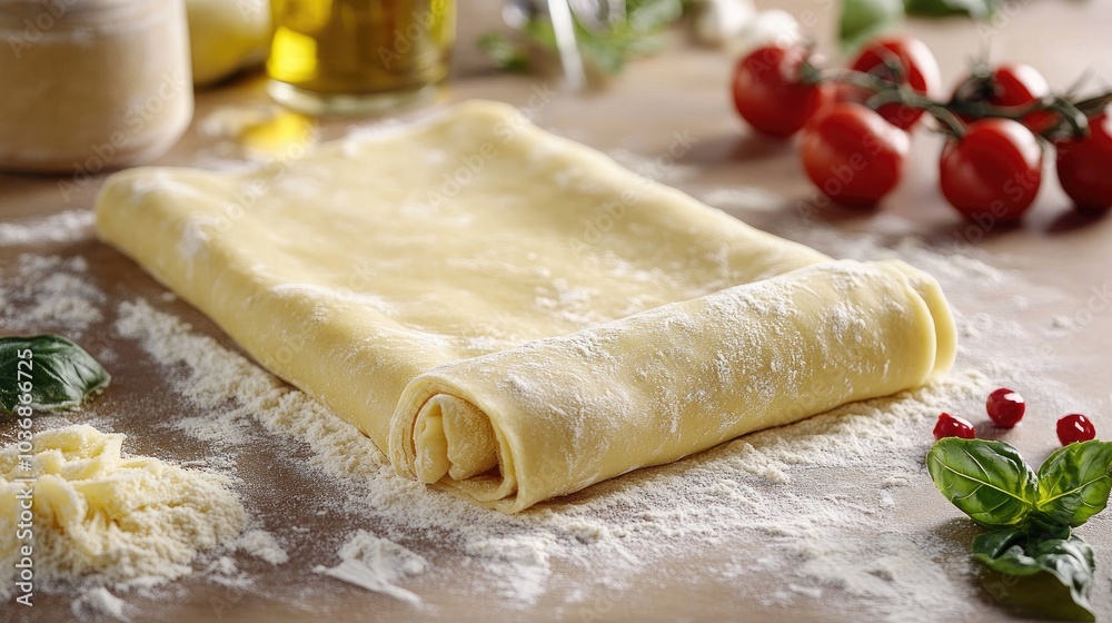Fresh Rolled Pasta Dough on Rustic Wooden Surface Fresh Rolled Pasta Dough on Rustic Wooden Surface