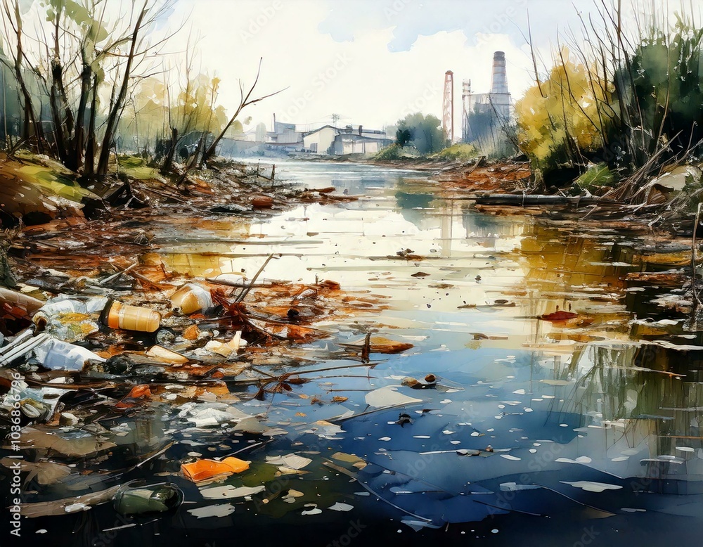Obraz premium A polluted river filled with trash and industrial debris, highlighting environmental pollution near an industrial facility and nature area.