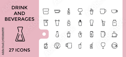 Drinks and beverages web line icons set. Collection of such as orange juice, soft drink, lime rickey drink, beverage and more. Editable and pixel perfect vector illustration.