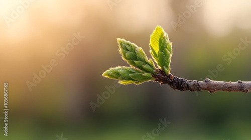 Fresh Green Buds on a Branch: A Symbol of Renewal and the Promise of Springtime's Arrival. New Beginnings Concept