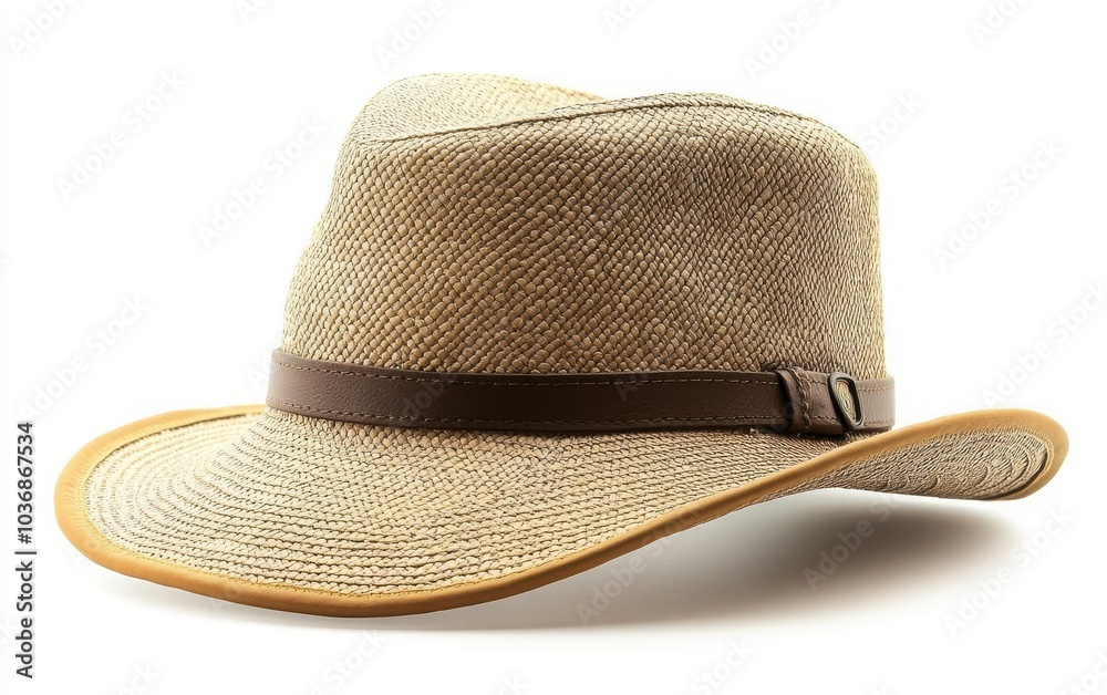 An isolated safari hat with a wide, protective brim and breathable design, showcased against a pristine white background An isolated safari hat with a wide, protective brim and breathable design, showcased against a pristine white background