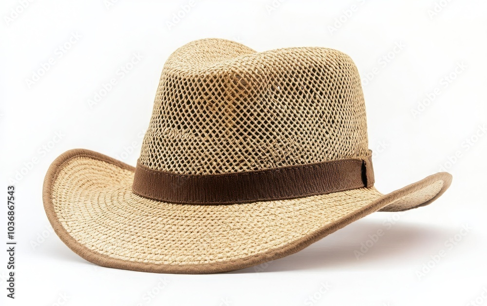 An isolated safari hat with a wide, protective brim and breathable design, showcased against a pristine white background An isolated safari hat with a wide, protective brim and breathable design, showcased against a pristine white background