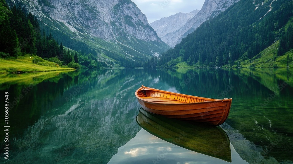 Charming Boat Anchored in Scenic Mountain Lake Charming Boat Anchored in Scenic Mountain Lake