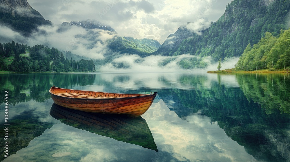 Serene Boat Anchored in Misty Mountain Lake Serene Boat Anchored in Misty Mountain Lake