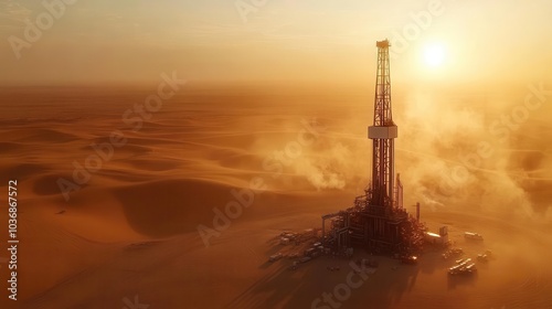 A majestic oil derrick standing tall in the heart of an expansive desert