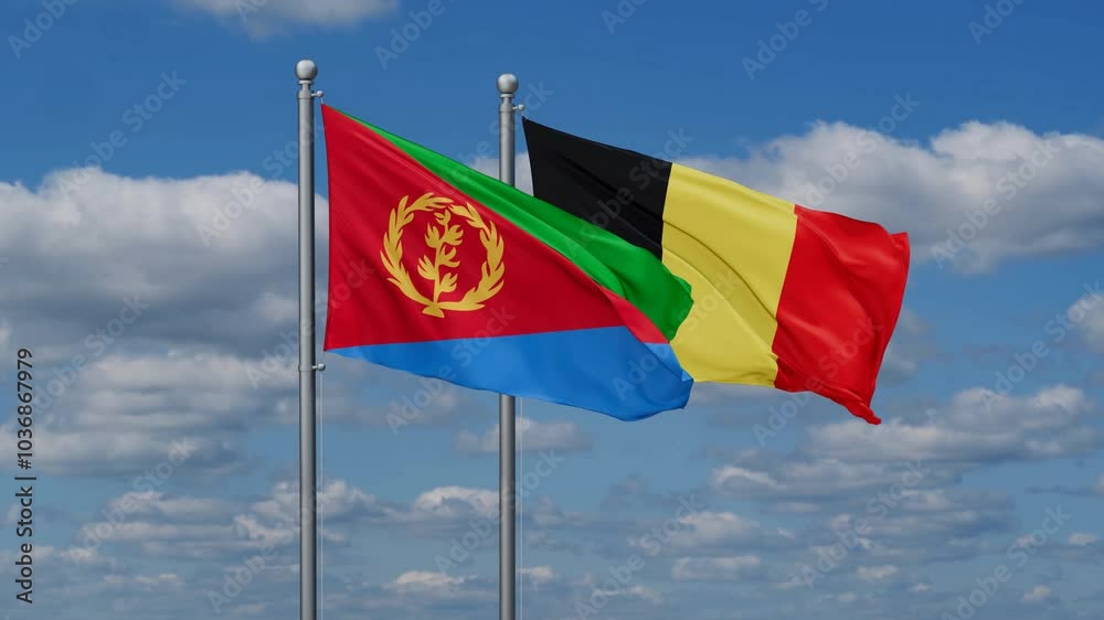Belgium and Eritrea flags flying together, video concept of the relationship, two country relations concept