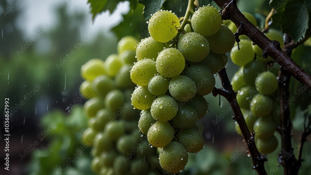 Close-up of green grapes on a vine with raindrops. Close-up of green grapes on a vine with raindrops.