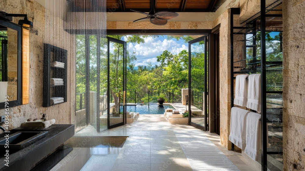 Fototapeta premium Serene Luxury Bathroom with Outdoor View
