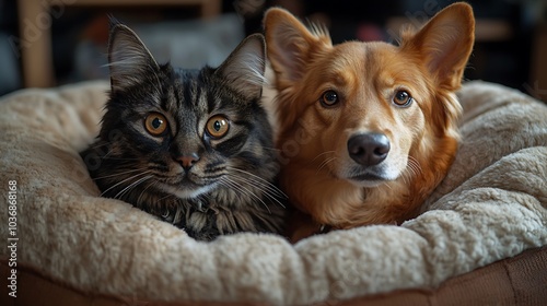 A cat and dog cuddled together in a white dog bed.