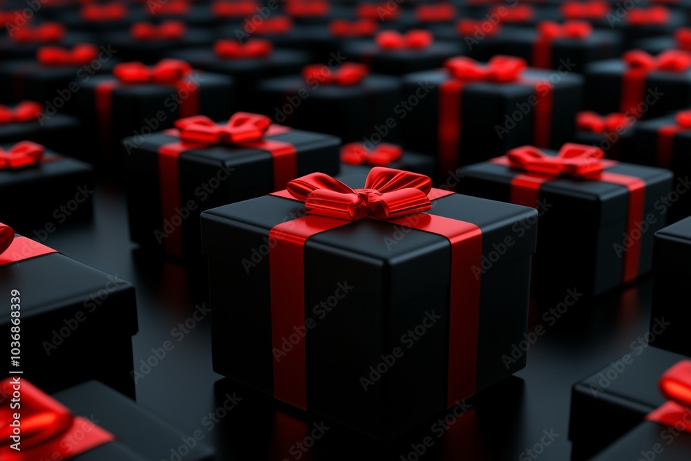 Fototapeta premium 3D rendering of black gift boxes with red ribbon on the top, all placed together on a dark background, perspective view.