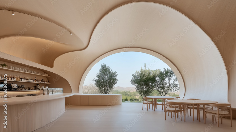 Obraz premium A café with an organic and fluid shape, made of wood panels in the form of wooden arches, is located on top of two floors that flow into each other like waves. The interior walls have rounded corners,