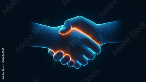 Digital wireframe hologram of a handshake, a concept for business collaboration on a dark blue background.