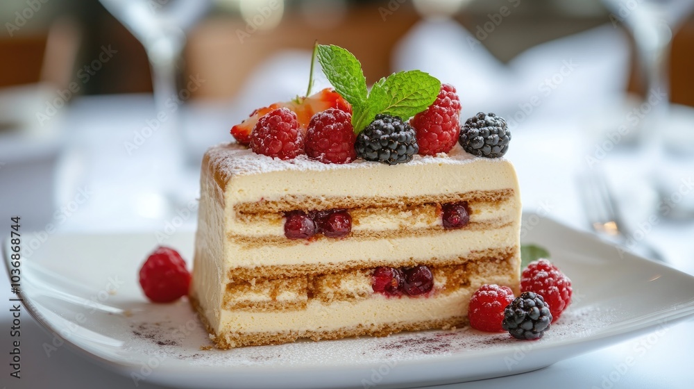 Slice of Decadent Medovik on a White Plate Slice of Decadent Medovik on a White Plate