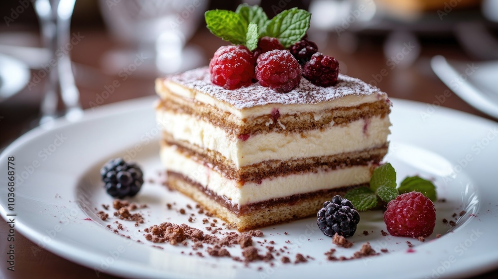 Decadent Slice of Medovik on White Plate