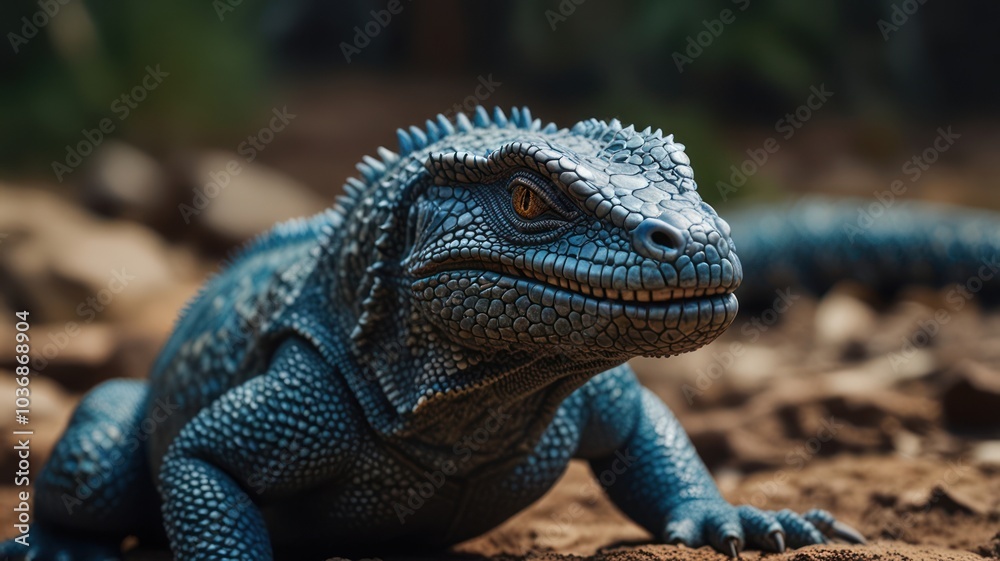A close-up of a blue lizard with sharp teeth and a focused stare, against a blurred background of rocks and foliage. A close-up of a blue lizard with sharp teeth and a focused stare, against a blurred background of rocks and foliage.
