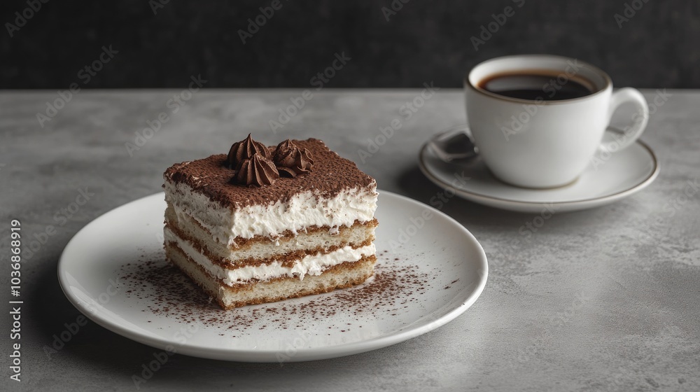 Delicious Slice of Tiramisu with Coffee on a Table Delicious Slice of Tiramisu with Coffee on a Table