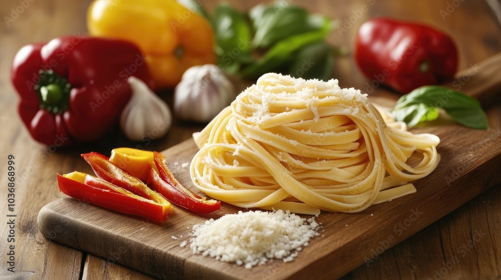 Freshly Made Pasta on a Wooden Board with Vegetables Freshly Made Pasta on a Wooden Board with Vegetables