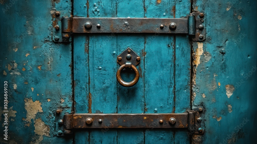 Rustic blue door with metal hardware and knocker. Rustic blue door with metal hardware and knocker.
