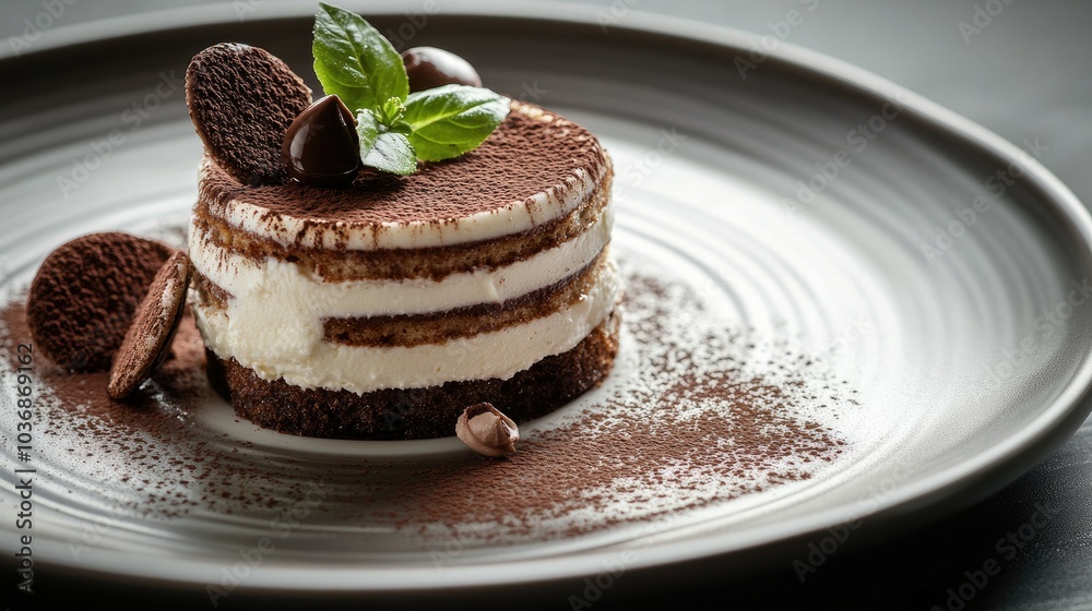 Decadent Tiramisu Dessert with Cocoa and Mint Garnish Decadent Tiramisu Dessert with Cocoa and Mint Garnish