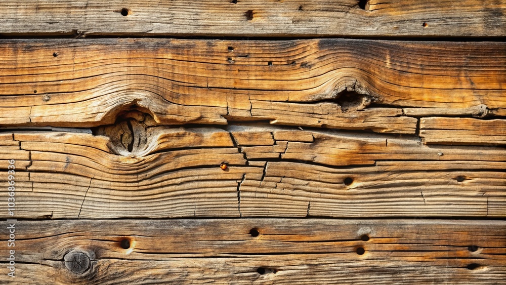 Weathered wooden plank with deep cracks, holes, and worn texture, exhibiting signs of aging, decay, and exposure to natural elements and harsh environmental conditions.